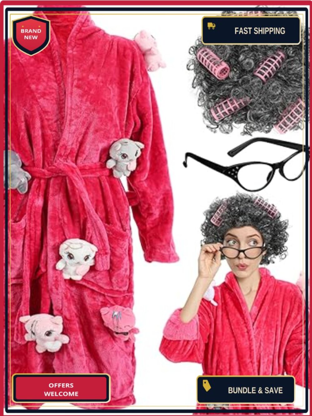 Cat Lady Costume Set Robe Wig Glasses Halloween Cosplay Adult